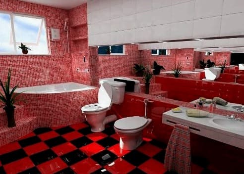 Notranjost kopalnice v rdeči barvi
