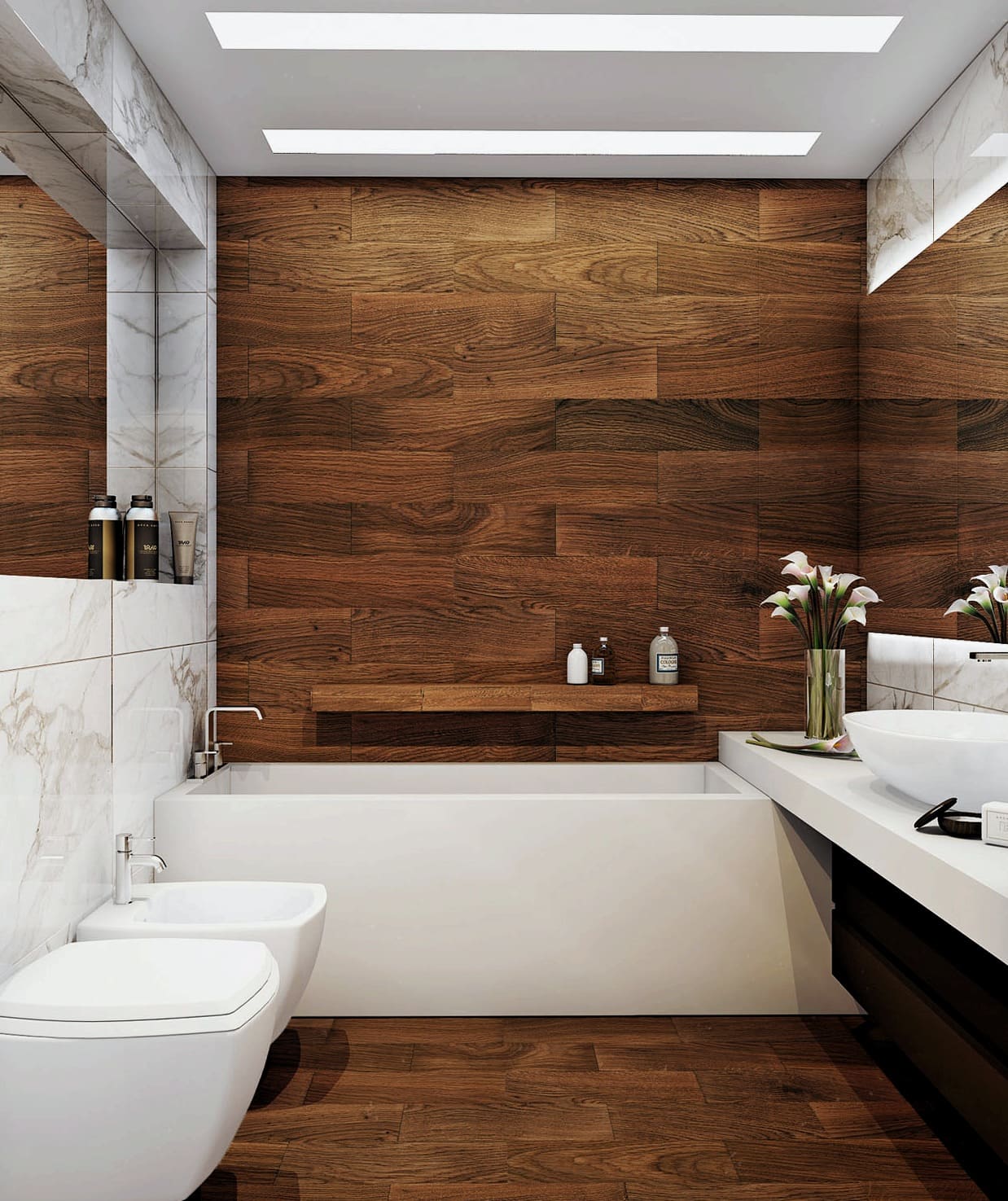 Keramične ploščice v videzu lesa v notranjosti kopalnice