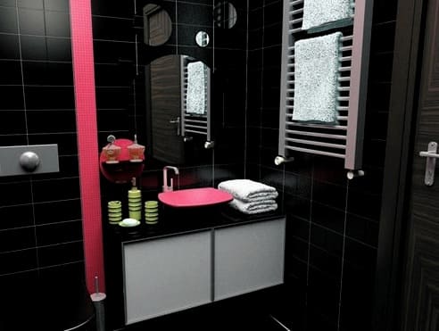 Rožnati madeži v črno-belem dizajnu kopalnice